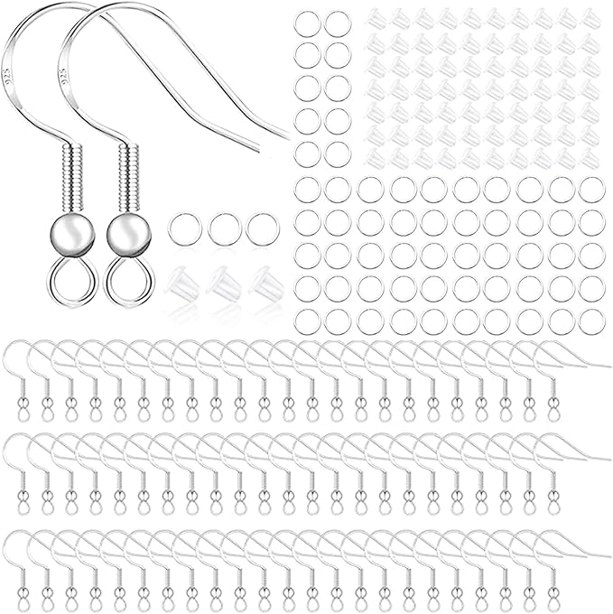 hypoallergenic earring hooks, 800pcs/125 pairs fish hooks,500pcs silver plated earring making kit with jump rings and clear silicone backs stopper