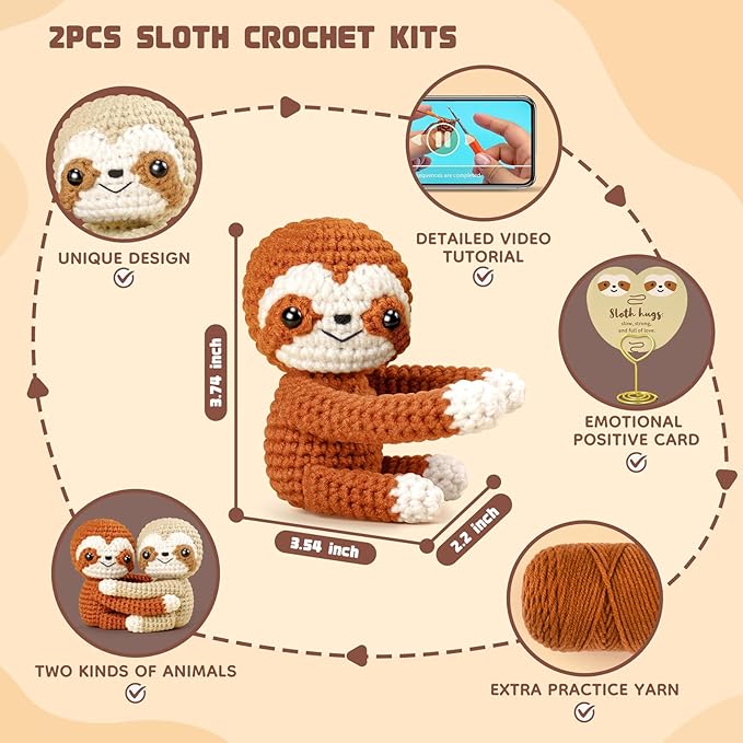 Crochet Kit for Beginners, Emotional Positive Support Crochet Gift, Hug Sloths Crochet Animal Kit, Easy Crochet Kits for Adults, DIY Craft Crochet Gift Birthday, Valentine's Day, Christmas
