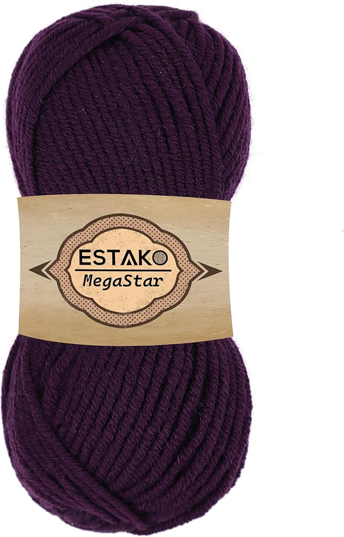 Estako Megastar, 75% Acrylic 25% Wool Yarn, Soft, Chunky Bulky Weight #5 for Crochet and Knitting 3.52 Oz (100g) / 120 Yrds (110m) (66001 - Dark Purple)