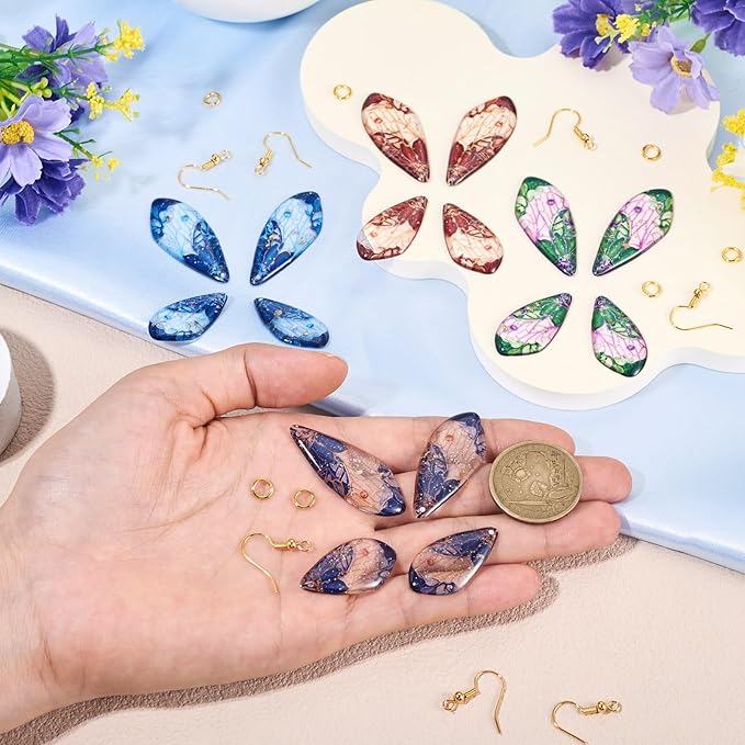 FASHEWELRY 16Pcs Resin Fairy Wing Earring Charms Blue Green Red Butterfly Wing Pendants Flower Print Feather Charms with Jump Rings Earrings Hooks for DIY Earring Jewelry Making