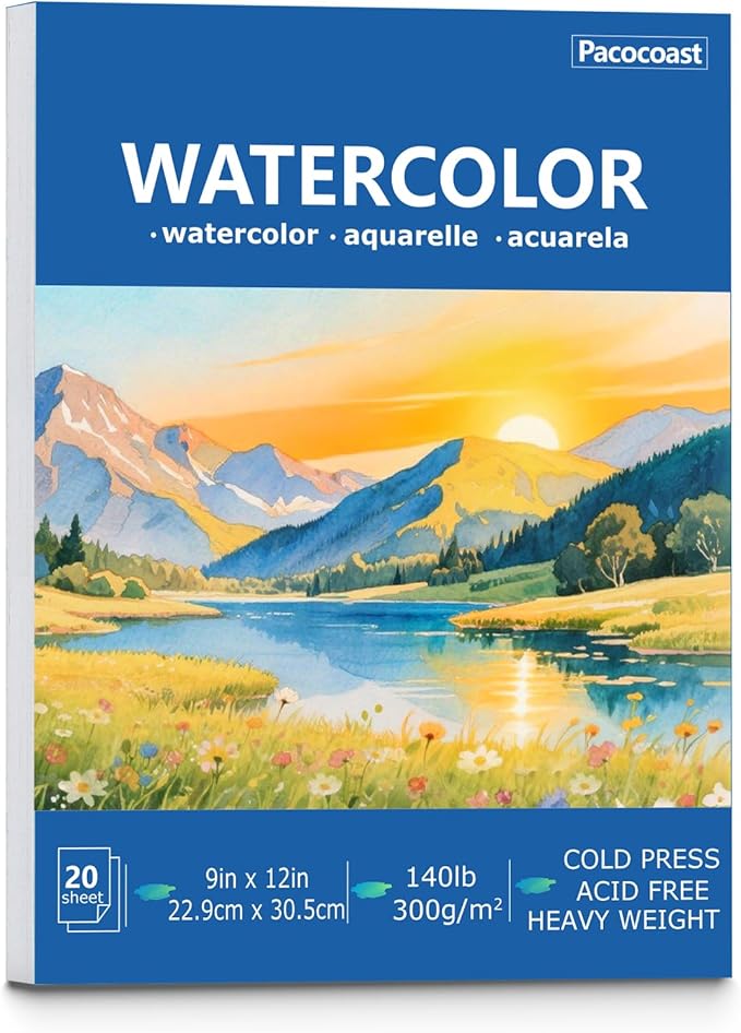 Pacocoast Watercolor Paper Pads, 9"X12" (300gsm/140lb) Cold Press Water Color Sketchbook, 20 Sheets. Perfect for Wet & Dry Media, Painting, Drawing. Ideal Art Supplies for Adults, Blue