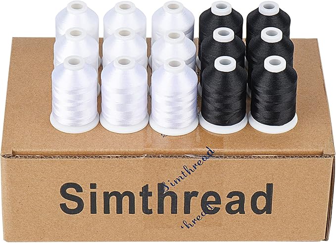 Simthread Machine Embroidery Thread with Storage Box Polyester 20 Options 15 Spools Set, Each Spool Sewing Thread 40WT and 1100YD for Embroidery Sewing Machine (9 White + 6 Black)