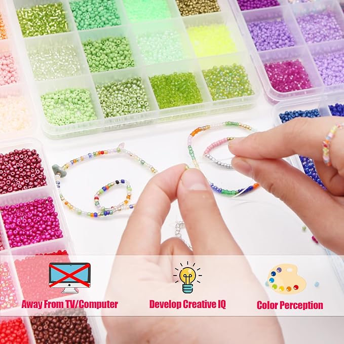 EuTengHao 3mm Glass Seed Beads for Bracelet Making Kit, 8/0 Small Craft Beads for Bracelet Necklaces Crafting Jewelry Making Supplies (36000Pcs,144 Colors)