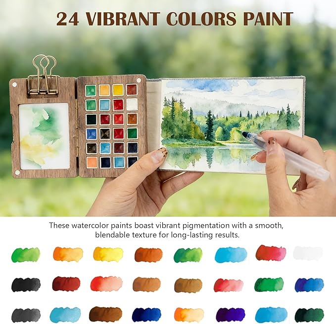 Mini Watercolor Paint Set, 24 Colors Mini Watercolor Travel Set, Pocket Travel Paint Kit with Watercolor Palette, Crossbody Bag, Watercolor Journal, Metal Clip, Water Cup, Spray Bottle, Water Brushes
