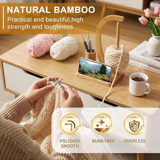 SPEENSUN Yarn Holder for Crochet, Bamboo Yarn Spinner with Magnetic Rotating Anti-Tangle Design, 1.1lbs Capacity, 3-in-1 Storage for Hooks/Markers, Phone Stand, Best Crochet Accessories Gifts