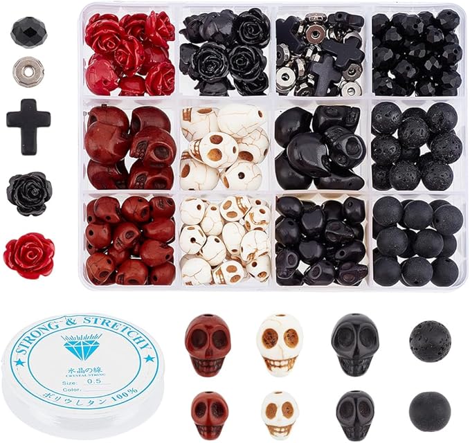 arricraft 203 Pcs Halloween Skull Gemstone Beads Kits, Natural Lava Rock Synthetic Turquoise Cross Bead Flower Rose Bead Tibetan Style Beads for Jewelry Making Bracelets Necklaces DIY Crafts