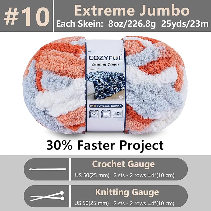 Chunky Yarn for Hand Knitting - #10 Chunky Chenille Blanket Yarn, Jumbo Big Thick Chunky Yarns for Crocheting, Tie Dye Bulky Knit Yarns, 8 Skein (25 yds 8 oz Each Skein), Multi Orange&Grey