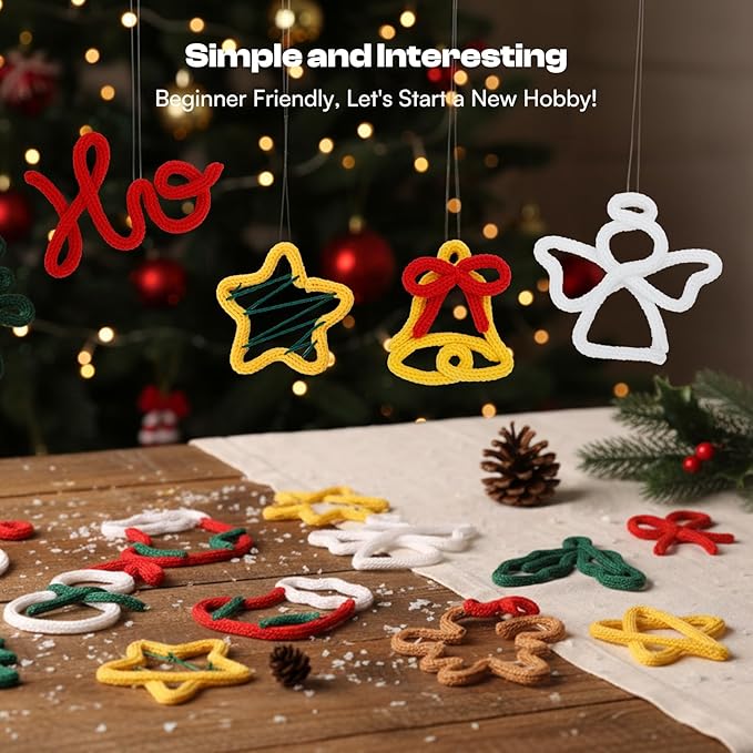 Caydo i Cord Christmas Decoration Making Kit with 24 Patterns, 7pcs Arcylic Yarns and 49ft Craft Wire Kits for Beginners, DIY Xmas iCord Handicraft Making Kit for iCord Knitting Machine(Not Included)