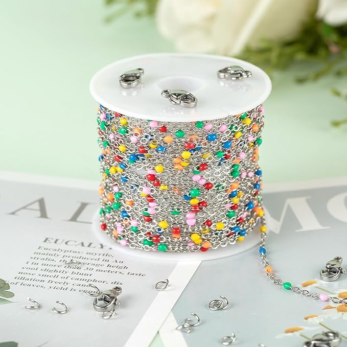 KYUNHOO Colorful Beaded Stainless Steel Jewelry Making Chains Silver Necklace Chains Bulk on Spool Thin Cable Chain Link with Jewelry Making Supplies for Bracelet Choker Crafting