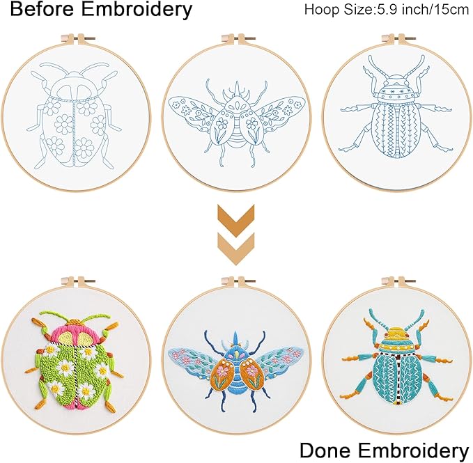 Louise Maelys 3 Sets Beetle Embroidery Kits for Beginners,Cross Stitch Kit for Adults,DIY Needlepoint for Starters Including Flowers Pattern, Hoop,Instruction and Threads
