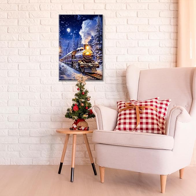 JOOZ Christmas Paint by Numbers Kit for Adults with Frame Train Paint by Number with Easel Christmas Tree Adult Paint by Number Kits Framed DIY Moon Oil Painting Kits for Home Wall Decor 8x12 Inch