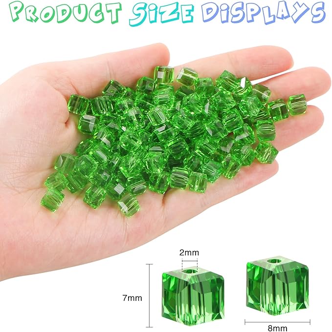 100 Pcs 8mm Cube Crystal Glass Beads for Jewelry Making, Square Crystal Beads with Box, Crystal Spacer Beads for DIY Craft Bracelets Charms Wind Chimes(Green)
