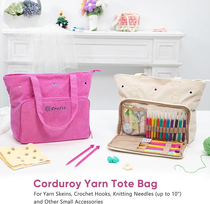 Large Crochet Bag & Tote, Corduroy Yarn Organizer for Crocheting, Yarn Storage Bag for Hooks and Accessories, Knitting Tote for Crochet Lovers, Mother’s Day Gift