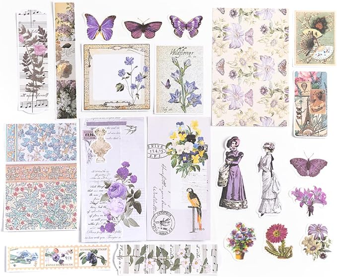 Alideco 200pcs Vintage Scrapbook Stickers Kawaii Purple Floral Scrapbooking Paper Washi Junk Journaling Supplies Collage Album Aesthetic Cottagecore Picture Frames(Butterfly)
