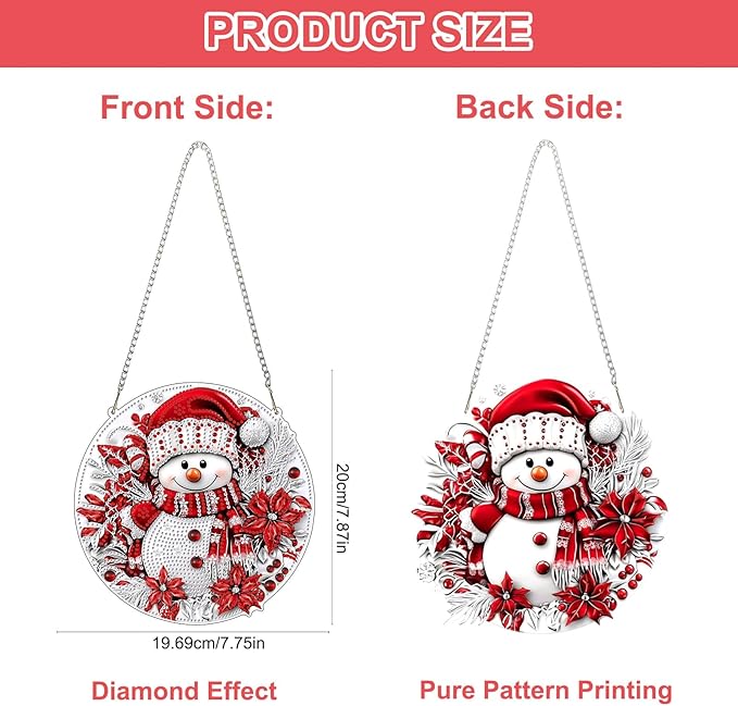 QENSPE Christmas Diamond Art Hanging Kits for Adults with Chain, 5D Special Shape Snowman Diamond Paingting Ornaments Kits, Easy DIY Crystal Pendant Gem Art for Home Garden Wall Decor 8X8 inch