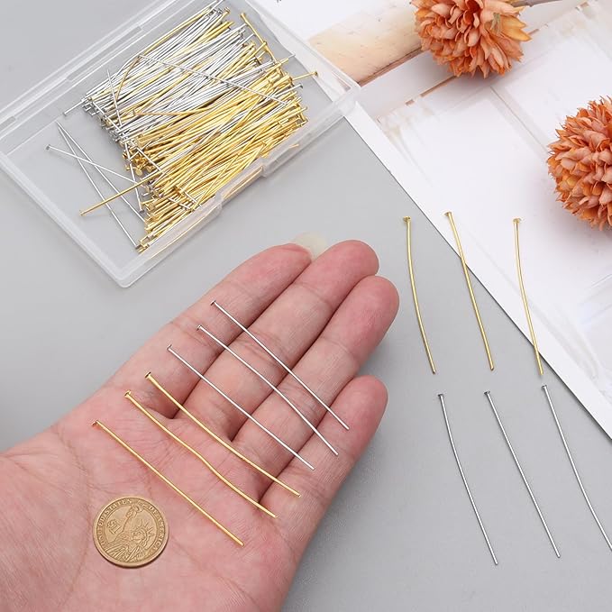 200 Pcs 50mm Straight Head Pins for Craft Earring Bracelet Necklace Pendant DIY Jewelry Making, Platinum & Gold Color