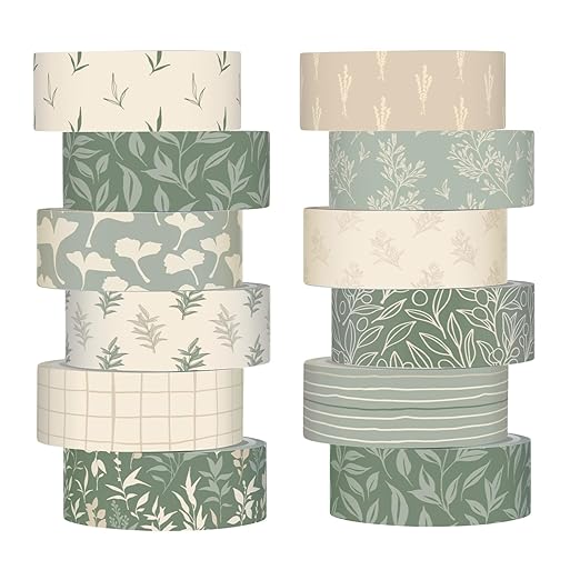 12 Rolls Watercolor Floral Washi Tape Set 15 mm Vintage Flower Decorative Masking Tape for Spring Arts DIY Craft Scrapbook Journal Supplies Gift Wrapping(Sage Green,Leaves)