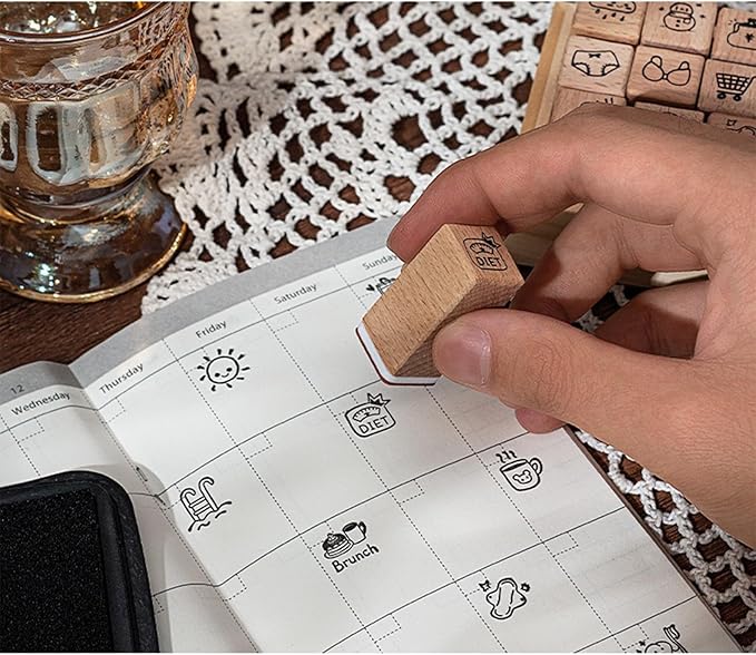 18pcs Weather Theme Wooden Rubber Stamps Kit, Cute Small Stamps for Decorative Diary Planner DIY Craft Scrapbook Card Making Letters Journal