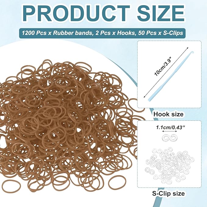 MECCANIXITY 1200 Pcs Loom Rubber Bands Kit with 50 Pcs S-Clips 2-Hooks Rubber Bands Refill Bracelet Making Kits for Weaving DIY Handcrafts Gift, Light Brown