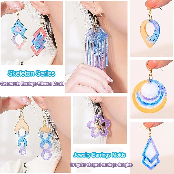 104Pcs Geometric Resin Earring Molds Kit, Irregular Shaped Earrings Silicone Mold for Epoxy Resin Dangle Drop Jewelry Molds Making Kit with 100 Earring Hook for Earrings Necklace Pendants (clear)