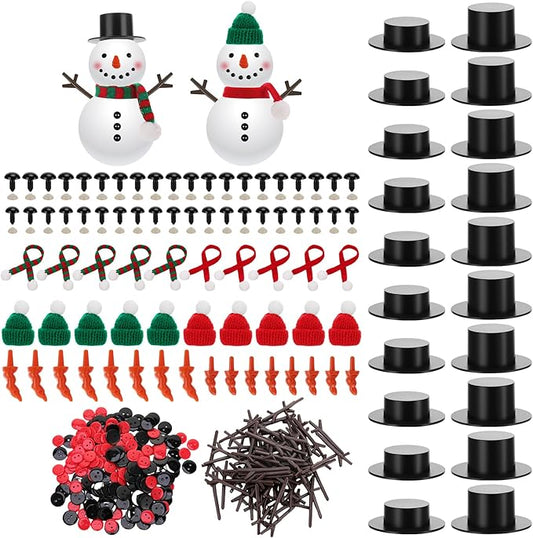 Guiqulai 520 PCS Snowman Craft Kit Snowman Hats for Crafts Christmas Carrot Noses Buttons Mini Black Magician Hats Knit Scarves Trigeminal Hand for Winter Christmas Supplies Decor, Excluding Snowmen