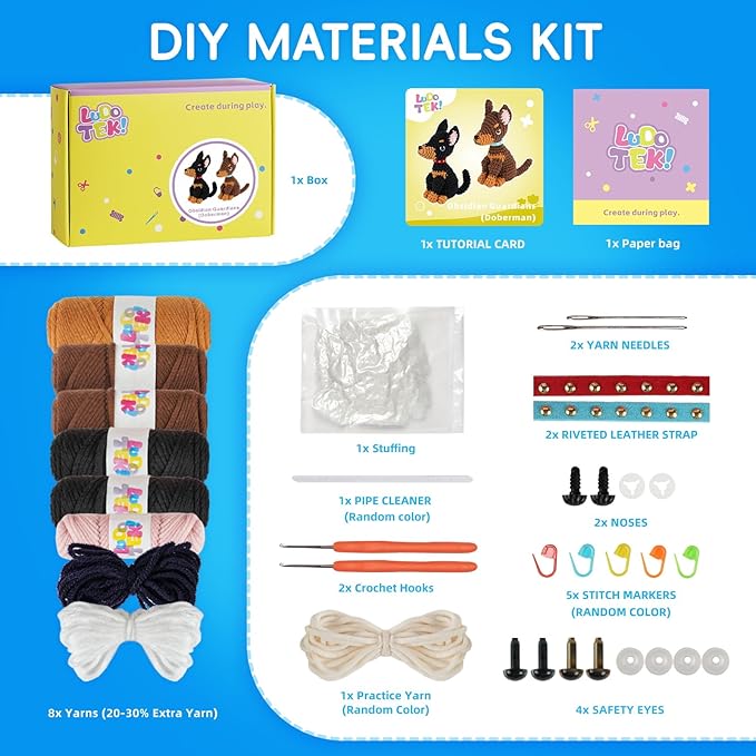 LUDOTEK Crochet Kit for Beginners, Crochet Animal Kits,Crocheting Kit for Starters with Step-by-Step Video Tutorials, Beginner Crochet Kits for Adults(2 Pack Doberman)