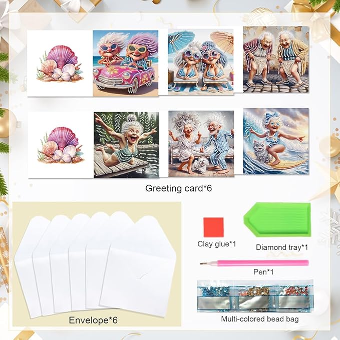 6 Pack 5D DIY Diamond Painting Grandma Greeting Card Kit, Diamond Art Christmas Birthday Holiday Greeting Card, Art Crafts Kit Creative Gift with Envelope