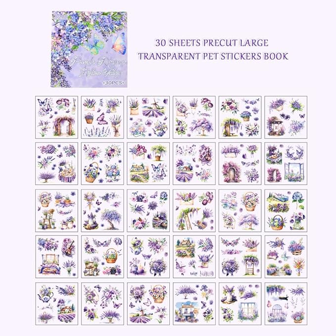 30 Sheets Precut Purple Garden Landscape Stickers Book for Junk Journal Supplies, Transparent PET Stickers for Journaling, Scrapbooking, Bujo, Collage, Card Making