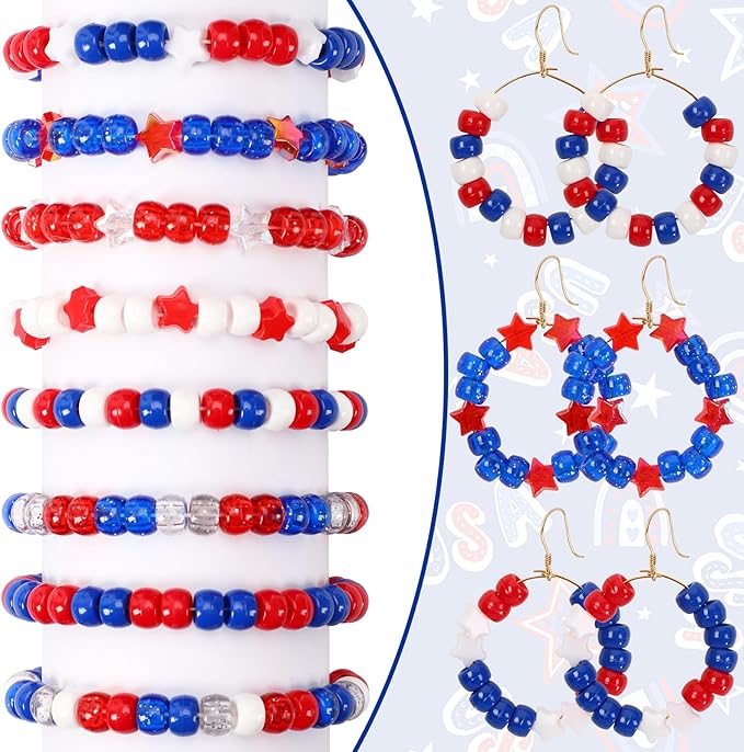 UPINS 1200Pcs Red White Blue Pony Beads, 1200Pcs Independent Day Patriotic Beads 4th of July Pony Beads for Jewelry Making Crafts DIY Necklace Bracelets Hair Beads