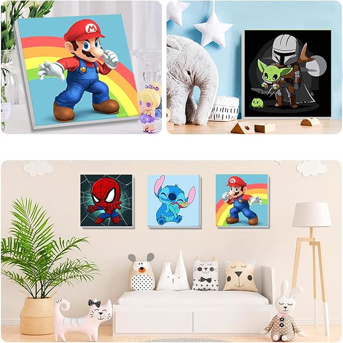 KOJEFCV 4 Pack Cartoon Paint by Number for Kids with Wooden Frame-Paint by Numbers for Kids Ages 4-8-12, DIY Paints with Numbers Easy Acrylic Oil Painting Kits for Home Wall Decor (8X8inch)