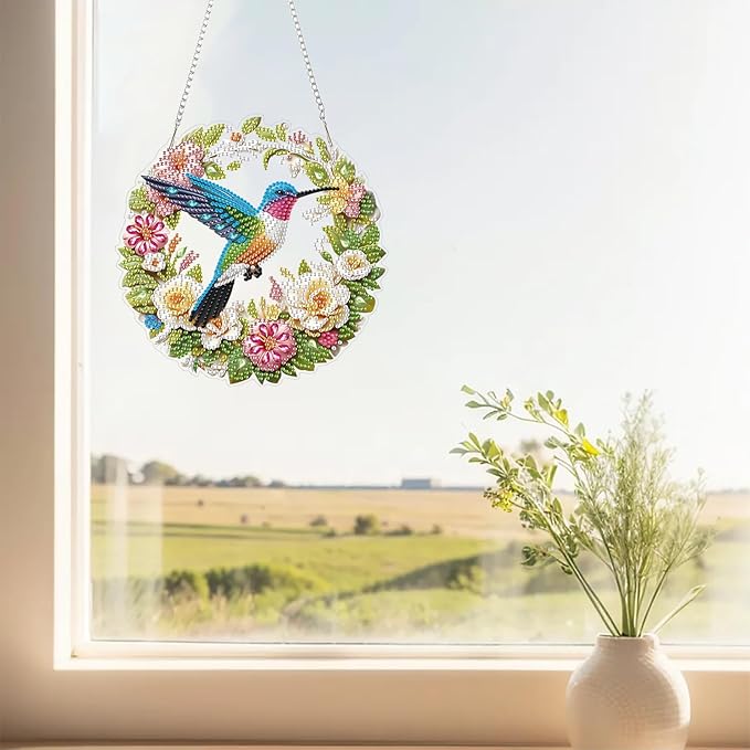 RYMILIE Diamond Art Hanging Kits for Adults,Bird Special Shaped Diamond Painting,Double Sided 5D DIY Acrylic Diamond Art Painting Window Pendants Home Garden Wall Hanging Kits Flower Ornament.