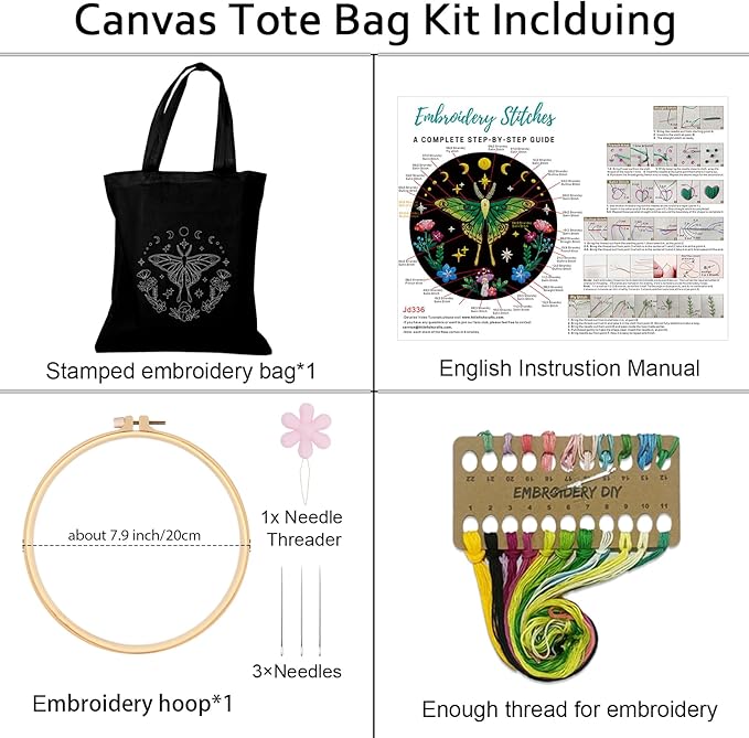 Nuberlic Canvas Tote Bag Embroidery Kit for Beginners Adults -DIY Needlepoint Kit with Butterfly Pattern Bag Reusable Eco-Friendly Shopping Bag