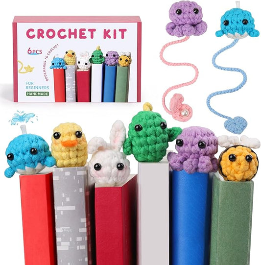Kogyxe Crochet Kit for Beginners, Crochet Bookmark Kit with Step-by-Step Video Tutorials, Crochet Starter Kits for Beginners Decoration Readers Book Lovers, Animal Bookmarks (40%+ Yarn)