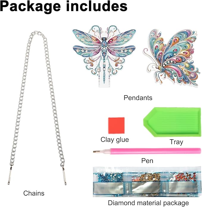 JISHSHAY 2 PCS Diamond Painting Pendant 5D DIY Butterfly Diamond Art Wind Chime Special Shaped Crystal Suncatcher Garden Wind Chimes Diamond Art Keyrings Pendant Necklace