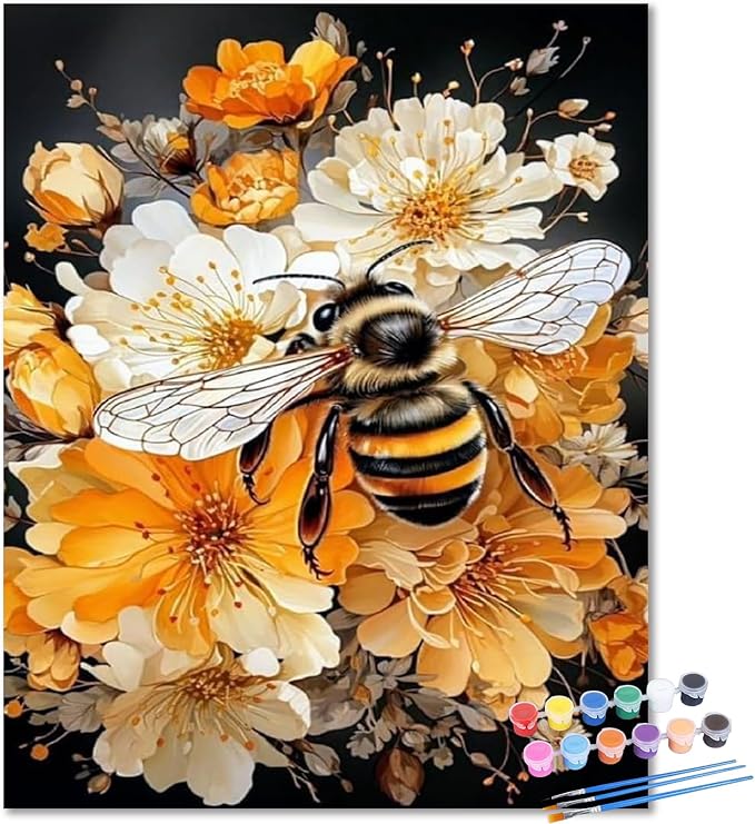 HMZephitiquc Bee Paint by Numbers Kit for Adults Beginners, Adult Paint by Number Kits on Canvas Bee, Easy DIY Craft Painting by Numbers Home Wall Decor 16x20 in