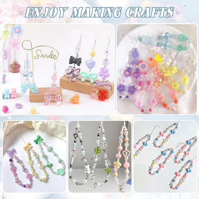 500-550pcs tinkrstuff assorted acrylic beads, 8 colors mixed cute beads for bracelet making, bow aesthetic gummybear flower butterfly kawaii charms for jewelry making diy necklace keychain phone charm