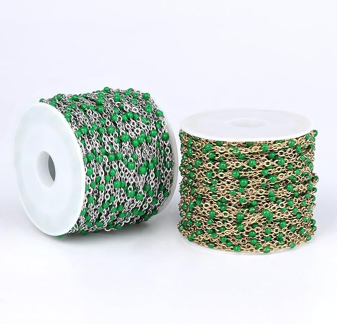 33 Feet Stainless Steel Enamel Chains Bulk, 2mm 304 Stainless Steel Green Enamel Beaded Cable Link Chain Roll Spool for Jewelry Making