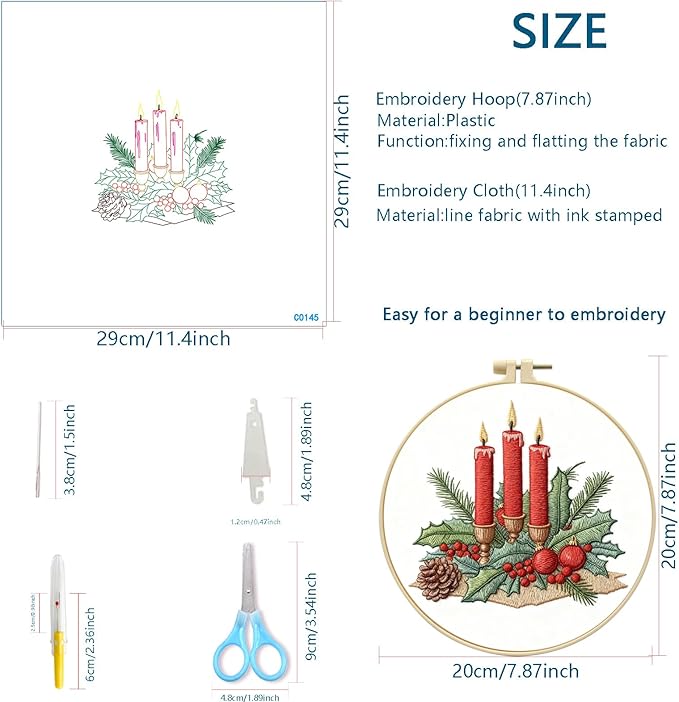 Zhenqing 4 Christmas Designs Embroidery Kit for Beginners, 4-Pack Pre-Printed 29x29cm Fabric with 20cm Hoop, Threads & Tools for Hand Embroidery - Snowman, Santa, Fireplace, Candles(C0183)