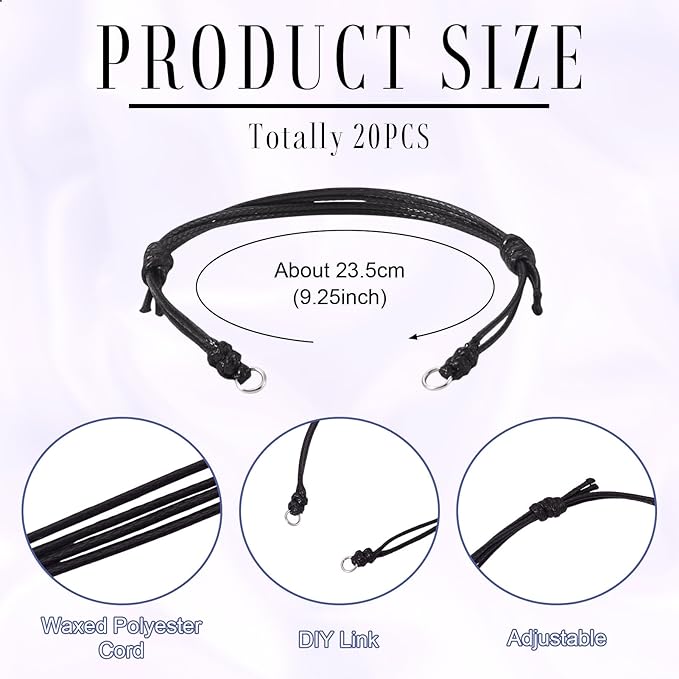 KISSITTY 20pcs Adjustable Bracelet Cords for Connector Charms Waxed Polyester Thread Cord Black Color Half Finished Bracelet for Friendship Bracelets Jewelry Making