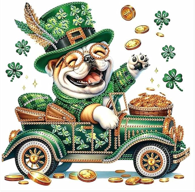 MVVMTOP Diamond Painting Kit St Patrick’s Day Dog Shamrock Lucky Coins Special Shaped 5D Partial Crystal Diamond Art DIY Wall Decor Gift