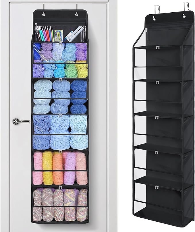 KEEGH Hanging Yarn Storage Organizer with 6 Zipper Closure Compartments, Large Capacity Crochet Storage Organizer, Over the Door Yarn Holder for Knitting Needles, Crochet Hooks, Clear Black