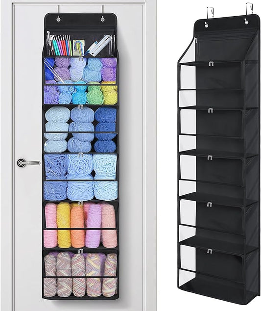 KEEGH Hanging Yarn Storage Organizer with 6 Zipper Closure Compartments, Large Capacity Crochet Storage Organizer, Over the Door Yarn Holder for Knitting Needles, Crochet Hooks, Clear Black