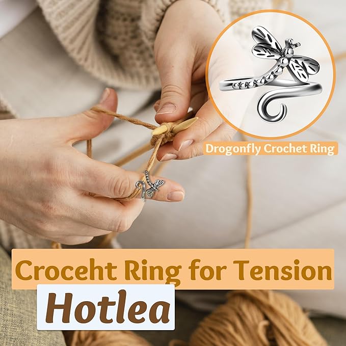 4 PCS Crochet Rings for Fingers Butterfly Flower Sunflower Dragonfly Yarn Tension Ring Knitting Accessories Crochet Gifts for Crocheters