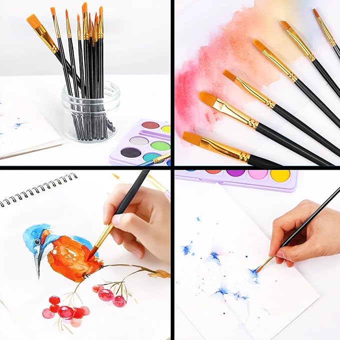 Acrylic Paint Brush Set, (20 Packs /200 pcs) Nylon Hair Brushes for Oil and Watercolor, Perfect Suit of Art Painting, Best Present for Painting, Black