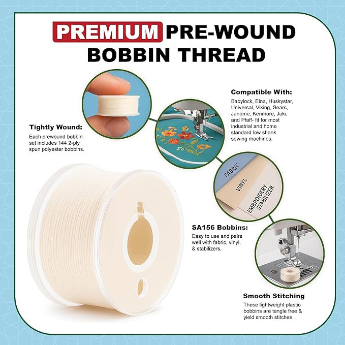 Mandala Crafts 144 Ivory SA156 Prewound Bobbins for Singer Sewing Machine -15J SA156 Prefilled Bobbin Thread for Brother Sewing Machine and Embroidery