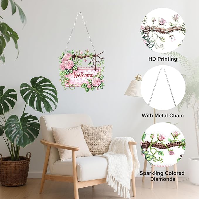 Roses Flower Diamond Art Hanging Ornaments Kits for Adults, Spring Diamond Painting Pendant Kits, DIY Acrylic 5D Special Shaped Crystal Gem Art Painting Ornament for Home Wall Decor Gift 8x8 Inch