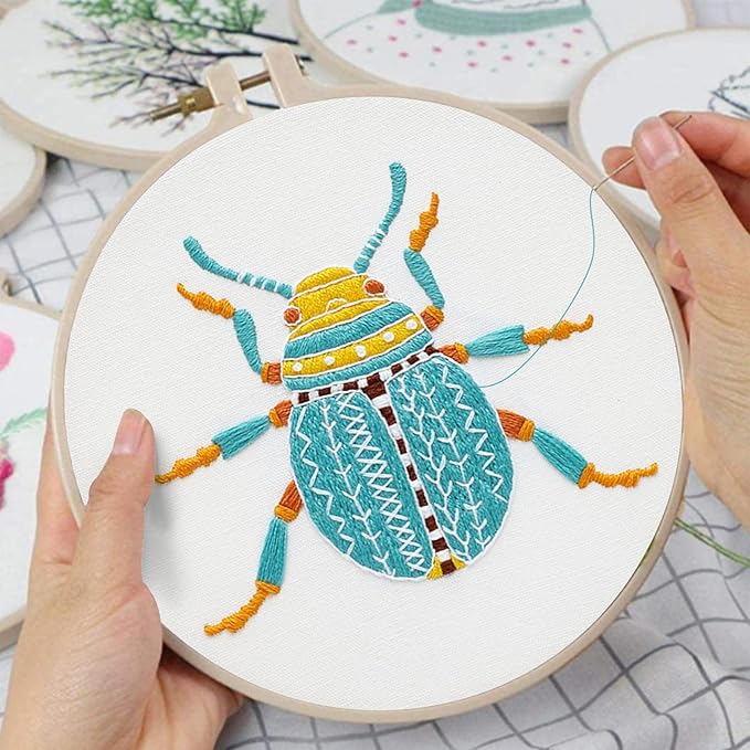Louise Maelys 3 Sets Beetle Embroidery Kits for Beginners,Cross Stitch Kit for Adults,DIY Needlepoint for Starters Including Flowers Pattern, Hoop,Instruction and Threads