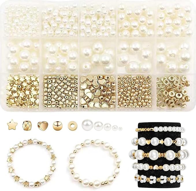 Frhrfhe Pearl Beads for Bracelets, 720pcs Ivory Faux Fake Pearls Gold Spacer Bracelet Making Kit with Hole for Adult, Friendship Bracelet Kits, Small Pearl & Gold Beads, Jewelry Making Kit