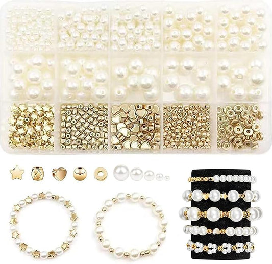 Frhrfhe Pearl Beads for Bracelets, 720pcs Ivory Faux Fake Pearls Gold Spacer Bracelet Making Kit with Hole for Adult, Friendship Bracelet Kits, Small Pearl & Gold Beads, Jewelry Making Kit