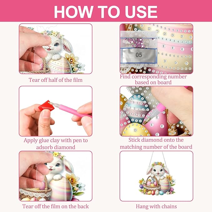 CEOVR Easter Hanging Diamond Art for Adults, Easter Bunny Egg Diamond Painting Pendant DIY Rabbit Gem Art Wall Hanging Ornament, Acrylic Home Garden Decor with Chain, Box Kit 9.58×8.73inch